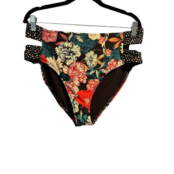 Cottage Floral Bikini Bottom High Waist Strappy Polka Dot Sides Large Time & Tru - Picture 1 of 7